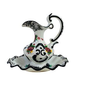 VTG Vestal Alcobaca Pitcher Vase 2 Piece Victorian Decor Art Pottery Swan Neck